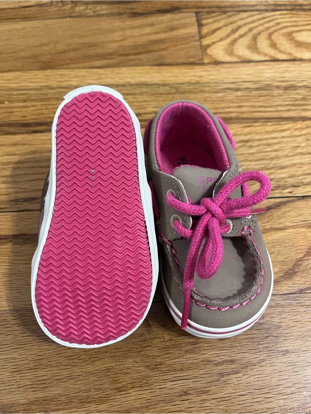 Sperry Taupe Toddler Boat Shoes with Bright Pink Accents